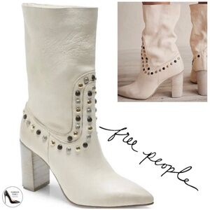 Free People Studded Ivory Leather Dakota Heeled Western Boots White Slouch Boots